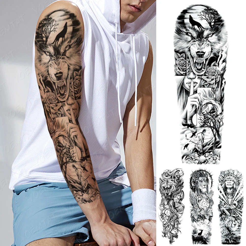 

Large Full Arm Sleeve Tattoo Cross Wolf Rose Forest Waterproof Temporary Tatoo Sticker Angel Praying Men Women Body Art Tatto