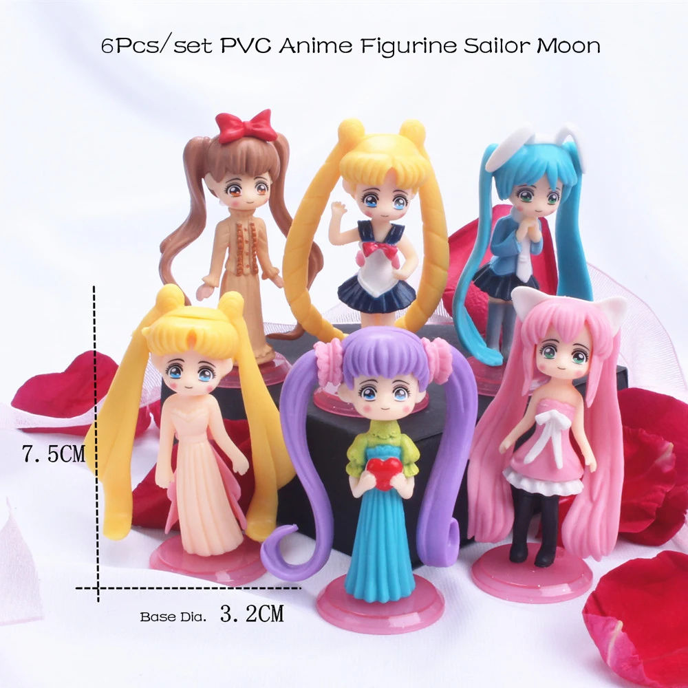 

6Pcs/set 7cm Anime Figure Toy Sailor Moon With Base Doll Q Version Solid PVC Figures Cake Topper Car Decoration Model Toys Dolls