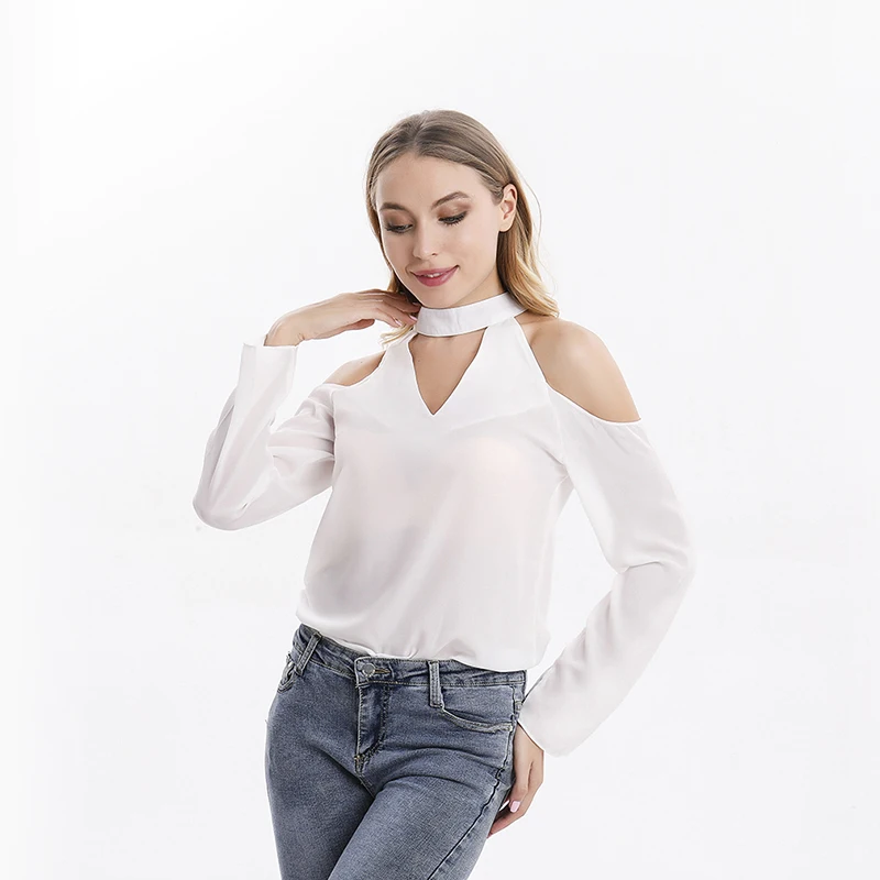 Осень Для женщин без бретелек шифоновое топы сексуальные с длинным рукавом