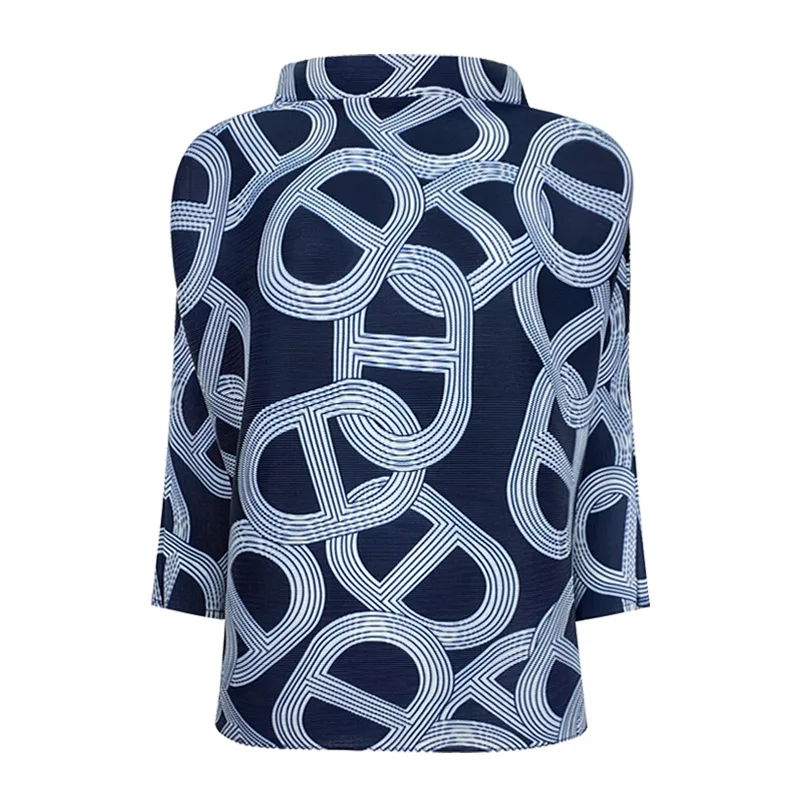 

Miyake designer women's pleated new 3D printing circle half high collar three-quarter sleeve loose T-shirt women's top
