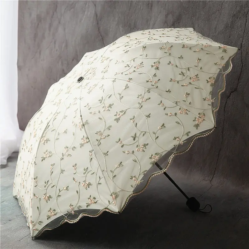 

Woman Folding Umbrella Retro Ladies Lace Umbrella Rain Screen Embroidery Flowers Double Layer Sun Umbrellas Parapluie Gift SY337