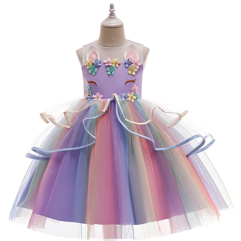 

2021 Halloween Cosplay Costume For Girls Children Birthday Party 4pcs Kids Unicorn Rainbow Vestido Flower Performance Dresses