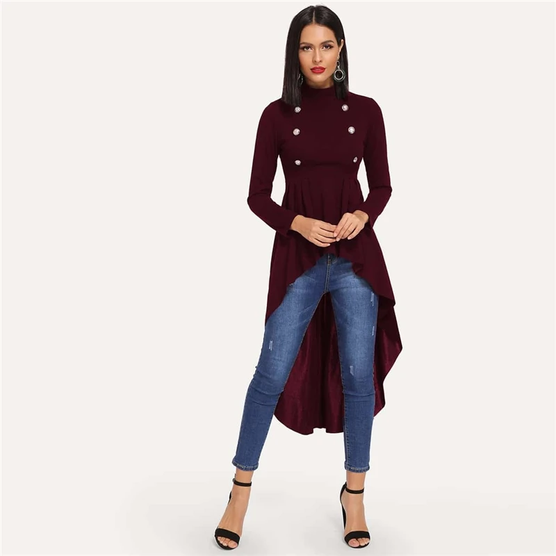SHEIN Стильный Топ С Асимметричным Низом Черная Модная Блузка Со Стоячим Воротником И Длинными Рукавами