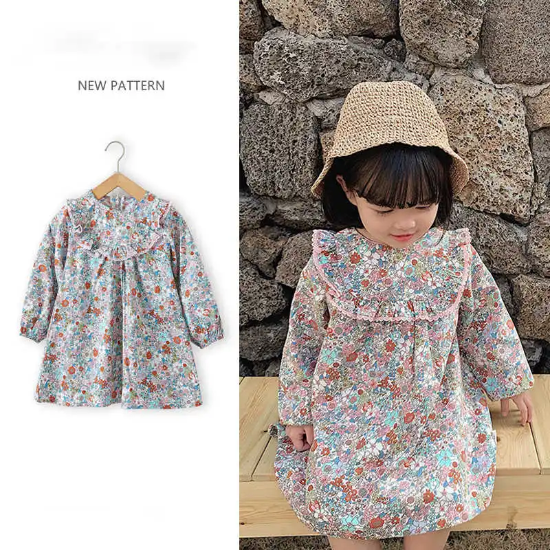 

Платье для девочек 2021 осеннее с оборками темпераментное женское платье с длинным рукавом и цветочным принтом детское платье принцессы детс...