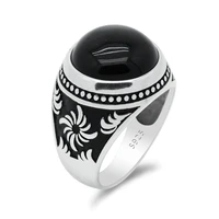men rings sterling silver 925 islamic muslim with black onyx stone male ring vintage swirl design turkish handmade jewelry gift