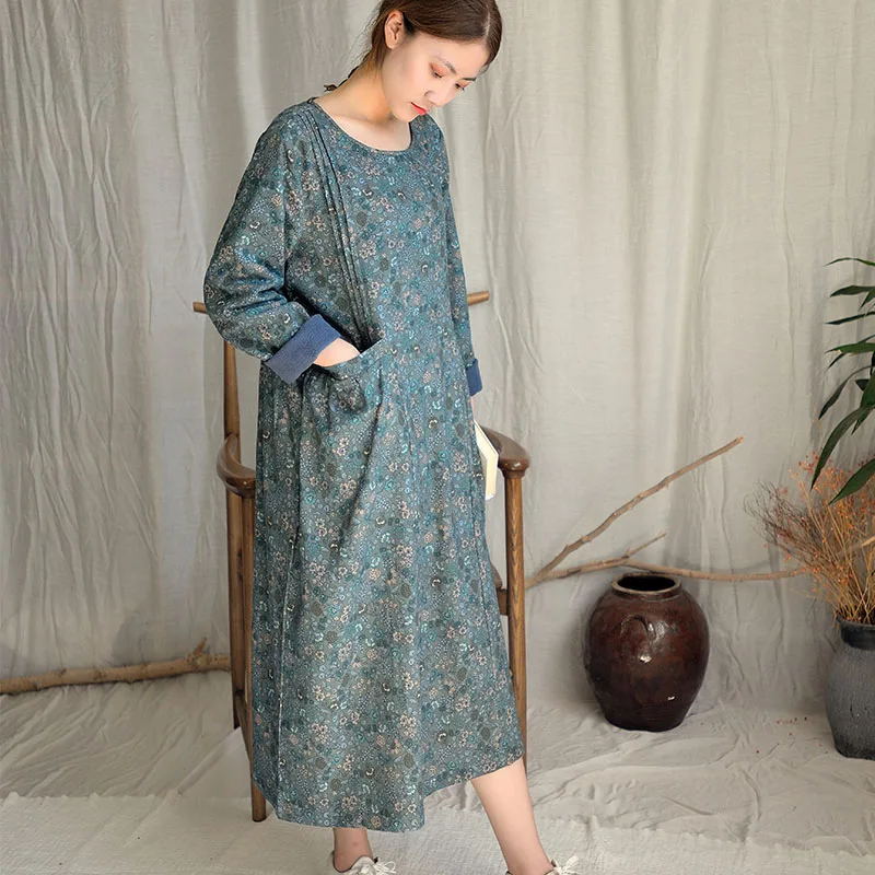 2019 осенне зимнее женское платье Vinatge с цветочным принтом длинный рукав плотное