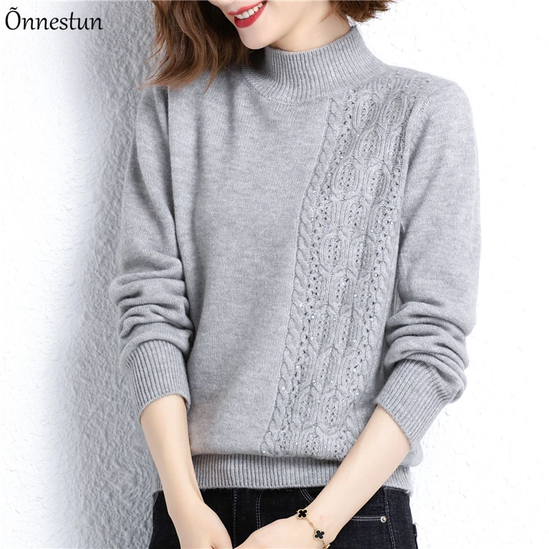 

Однотонный свитер с высоким воротником и принтом, женские пуловеры на осень и весну, вязаный свитер в Корейском стиле, Топ с длинным рукавом,...