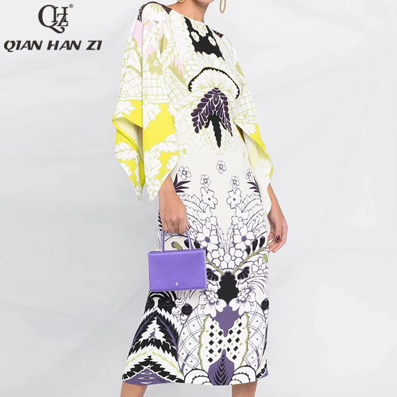 Qian Han Zi designer fashion runway summer dress Women's irregular flared sleeves vintage pattern print Slim bodycon dress
