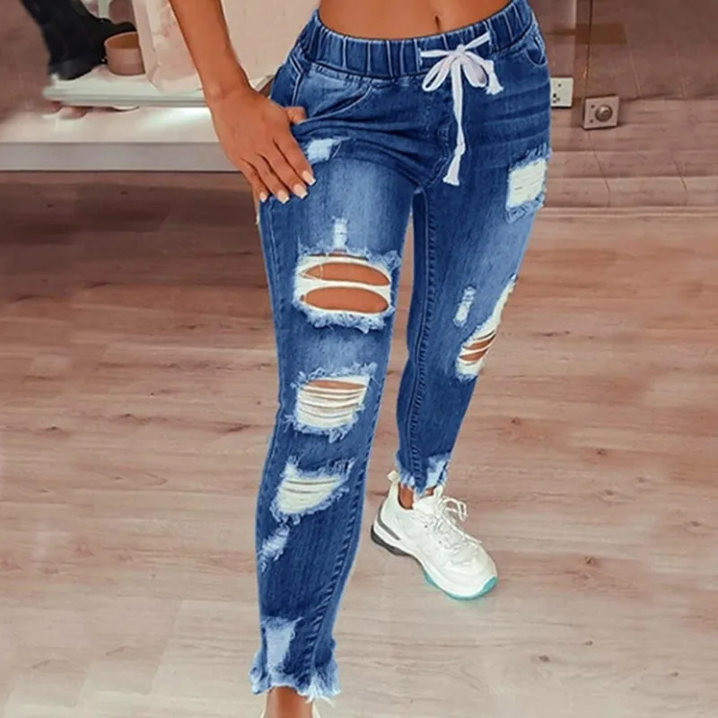 

2022 Elastic Long Pants Waist Drawstring Denim Jeans For Women Sexy Ripped Hole Stretch Jean Ladies New Pencil Bandage