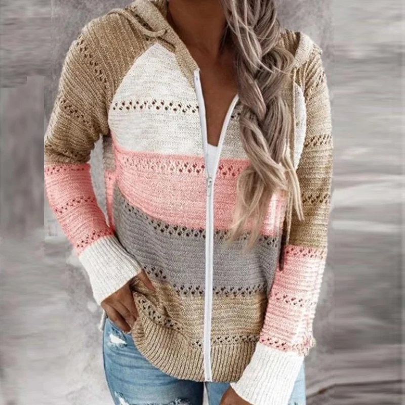 

2020 Autumn Women Casual Long Sleeve Knitted Sweater TopV Neck Patchwork Hooded Sweater Winter Striped Elegant Pullover Jumpers