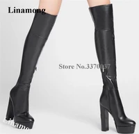 linamong fashion round toe black leather over knee chunky heel boots slim high platform long thick heel boots club shoes