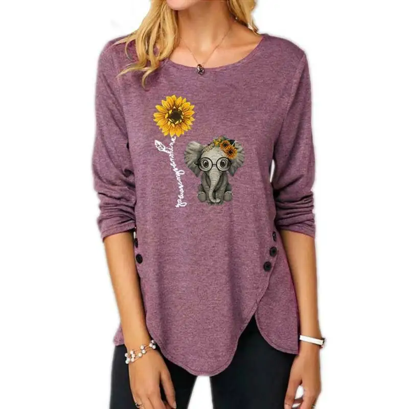 

Womens Crew Neck Oversize Tops Ladies Holiday Flowers & Elephant Printed T Shirt