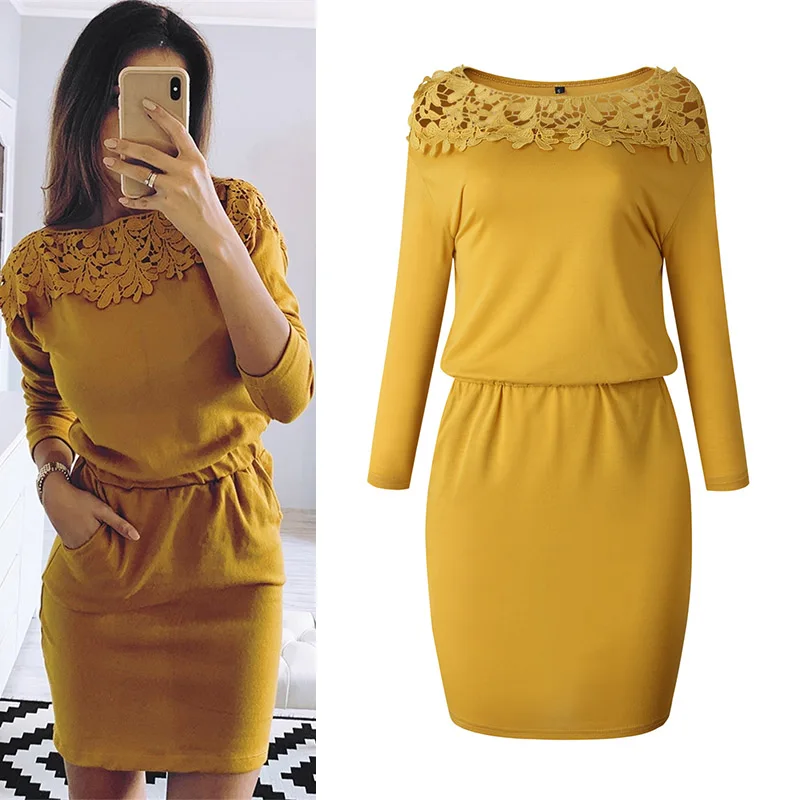 Сексуальные полые платья с длинным рукавом для женщин осень высокая талия
