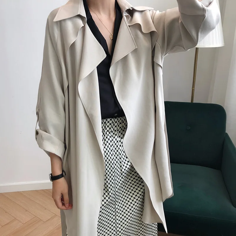 

Autumn 2021 new thin windbreaker female long section Korean version of the waistband bandwidth Song Chunqiu coat