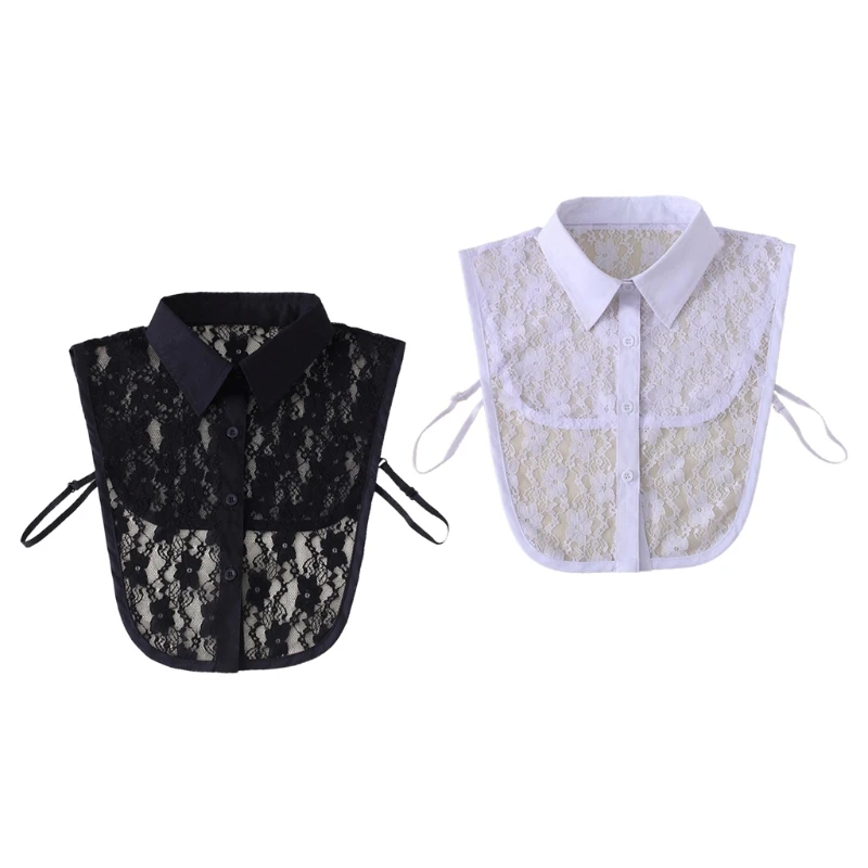 

Women Stylish Detachable Collar Half Shirt Blouse See-Through Floral Lace Button Down Lapel False Fake Collar Clothing Decor