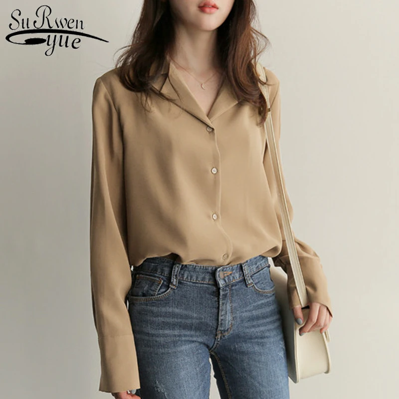 Рубашка женская с V-образным вырезом модная блузка длинным рукавом однотонная