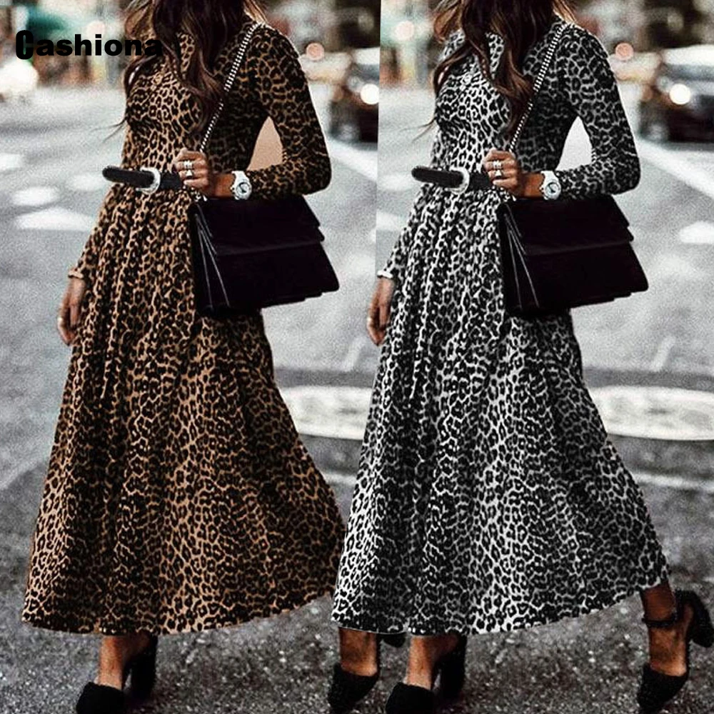 

2021 New Spring Long Maxi Dress Women Long Sleeve Leopard Print Dresses Loose Vintage Chic Dress Vestidos Femme Plus Size S-5XL