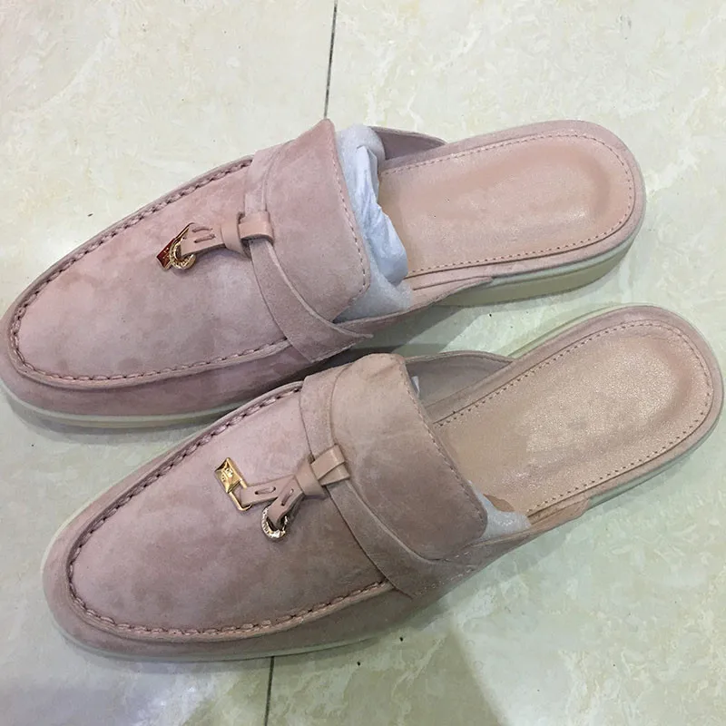 

Prova Perfetto British Style Women Half Slippers Sewing Round Toe Slip-on Flat Shoes Summer Shallow Fringe Platform Mules Shoes