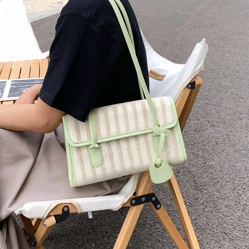 

Summer Straw Tote Shoulder Bags for Women 2021 Trend Travel Simple Green Women's Bag Striped Pattern Fashion Designer Handbags