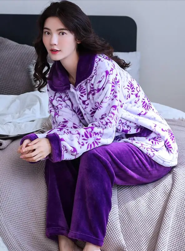 StyleW H5823 плюшевый женский Пижамный костюм женский уплотненный коралловый флис Домашняя одежда Ночная Рубашка Фланелевая пижама с длинными рукавами Осень-зима - Цвет: StyleW
