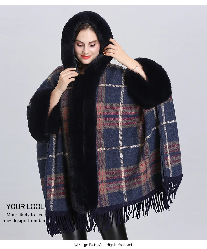 

Кашемировая шаль большого размера, зимний теплый плотный меховой воротник, клетчатый вязаный кардиган с капюшоном и бахромой, пальто, плато...