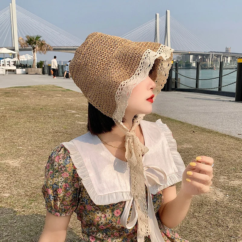 

Vintage Foldable Sun Hats Victorian Lolita Foldable Lace Straw Hat Summer Woven Retro Women Girl Parent Child Straw Bucket Hat
