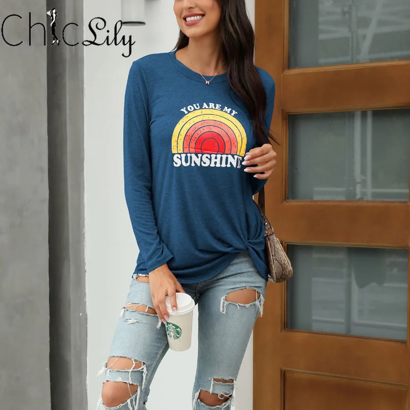

Chiclily Rainbow Print Long Sleeve T-shirt Women Loose Casual O Neck Aesthetic Clothes Casual Spring Autumn Tops