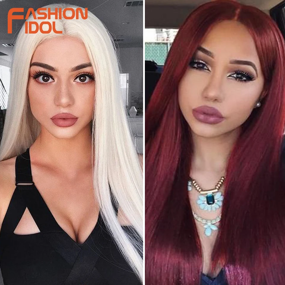 

FASHION IDOL 26 Inch Long Straight Wig Middle Part Lace Wigs For Women Ombre 613 Cosplay Wig Heat Resistant Synthetic Hair