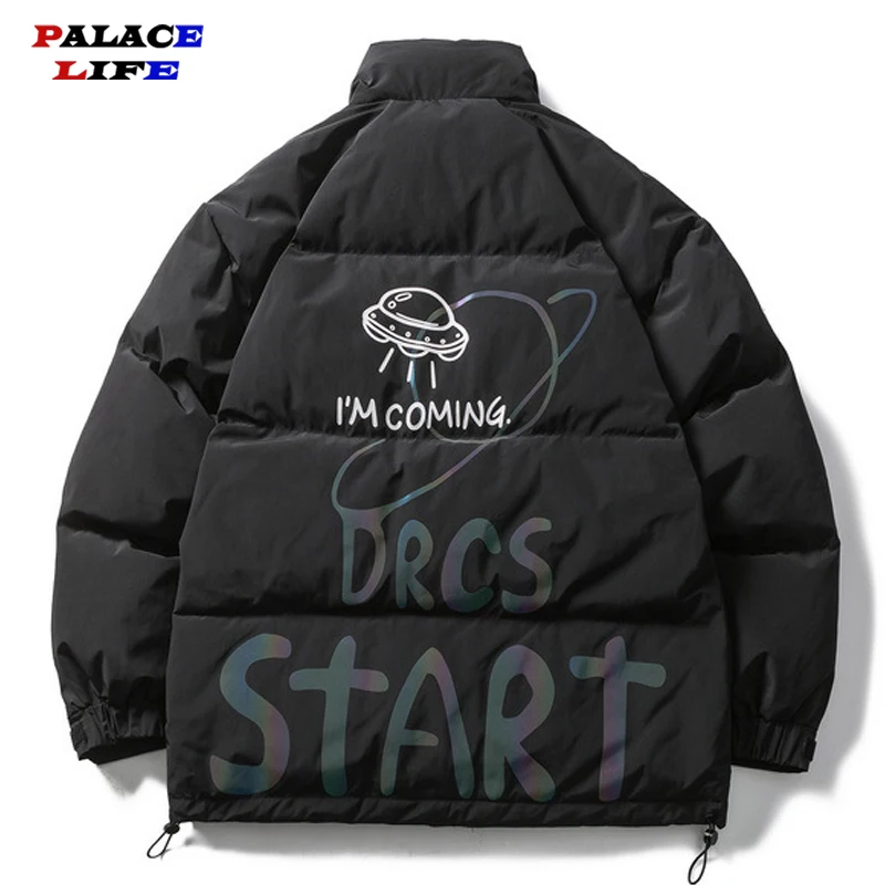 

Japanese Harajuku Laser Colorful Reflective Print Men Down Jacket Warm Vintage Clothing 2021 Winter Thick Streetwear Parka Man