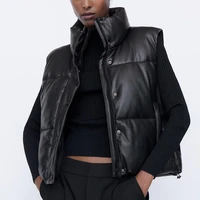 sleeveless vest women waistcoat winter zipper leather jacket vest cotton coat female stand collar waistcoat short chaleco mujer