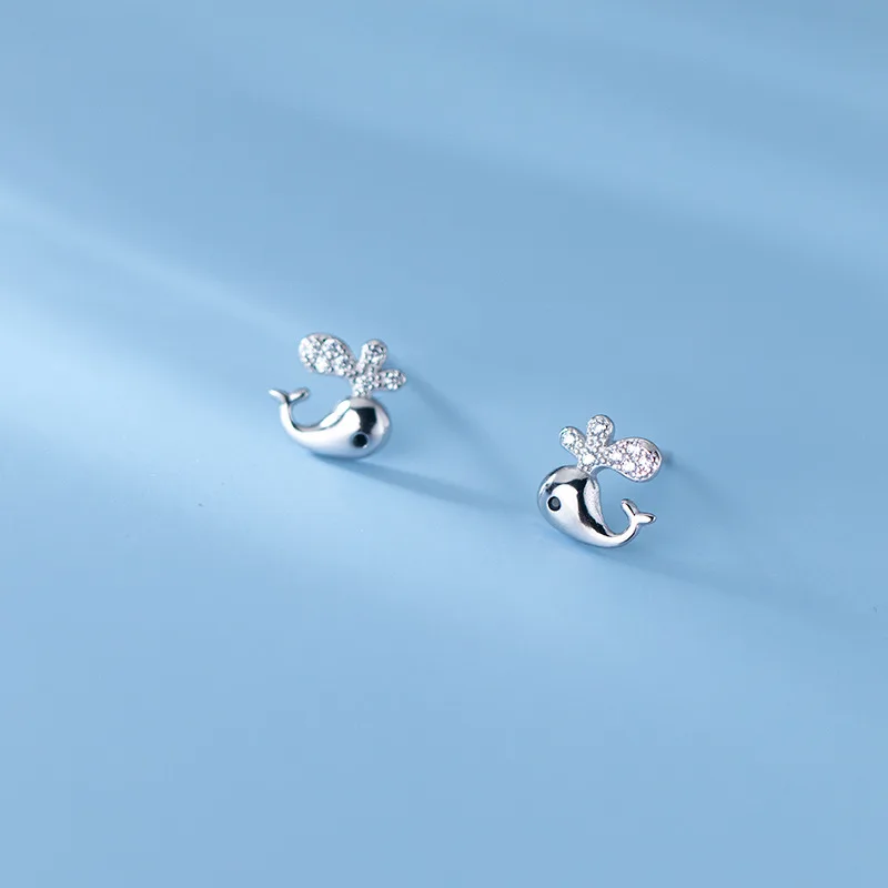 

Genuine 925 Sterling Silver Cute Dolphin with Zircon Stud Earrings for Women Girls Hypoallergenic Jewelry