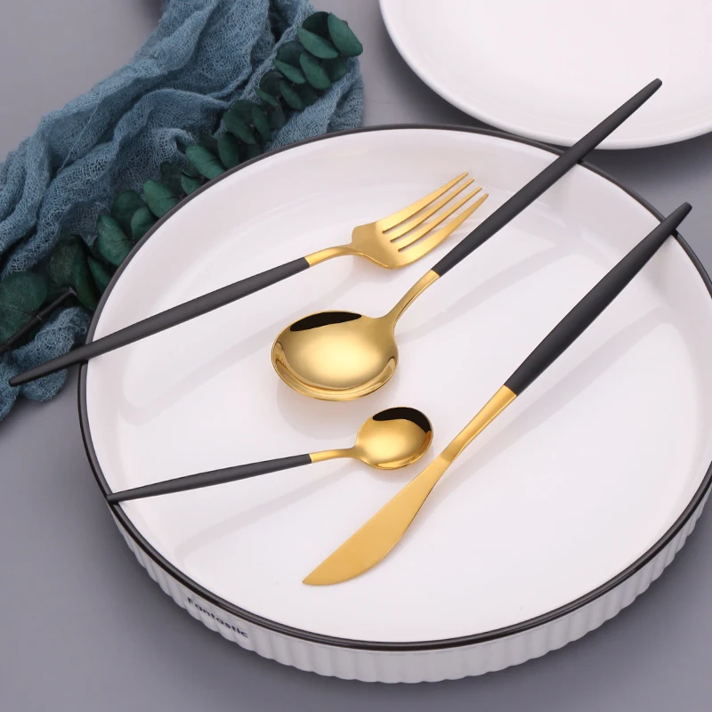 

4pcs Black Gold Dinnerware Set 304 Stainless Steel Cutlery Home Fork Dropshipping Spoon Knife Dinner Silverware Flatware