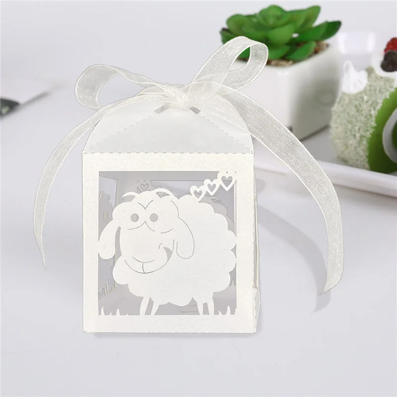 50Pcs Sheep Laser Cut Candy Boxes Cookie Treat With Ribbon Wedding Favors Gift Box Baby Shower Engagement Wedding Party Decor