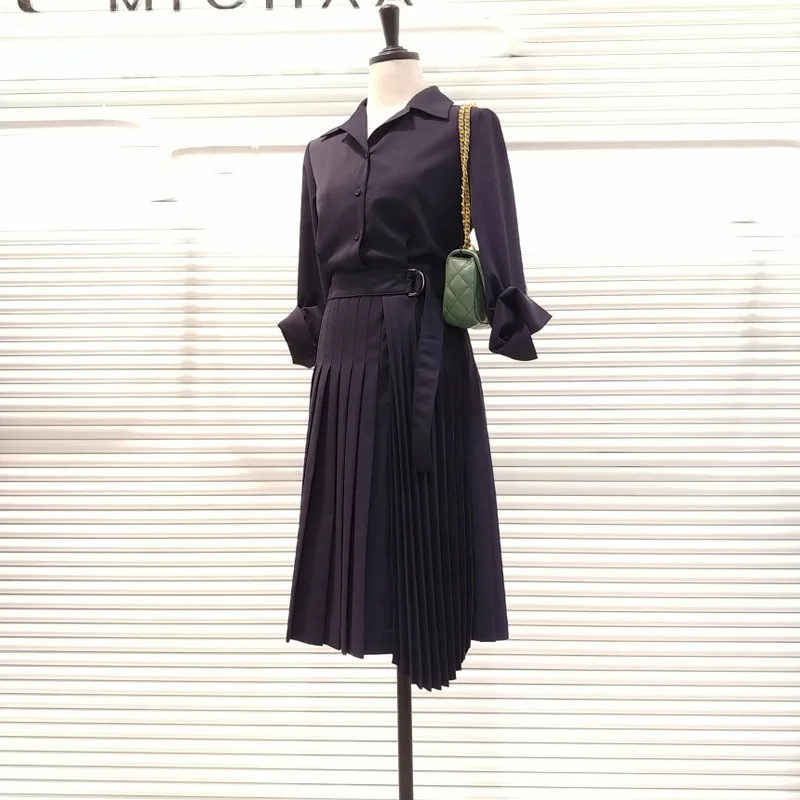 

Long Sleeve Dress Autumn New Korean Edition Fashion Pleated Dress Long-sleeved Single-breasted High-waist Belted Dress