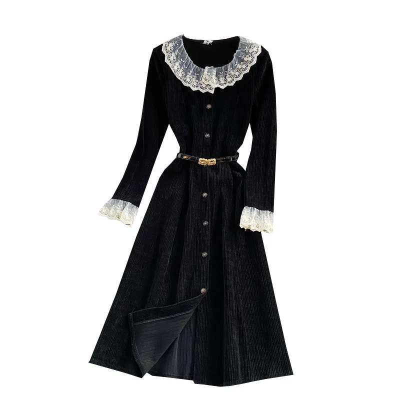 

single breasted retro dress spring and autumn new style waist closing long sleeve round neck corduroy dress for women