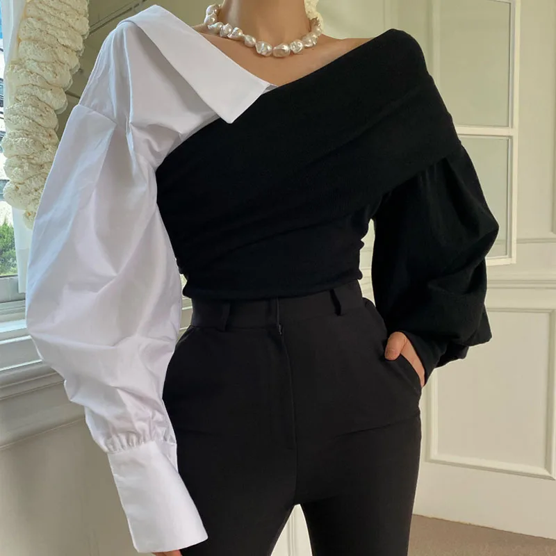 

Stylish V-neck Patchwork Women Sweater Tops 2021 Autumn Winter Full Sleeve Slim Waist Female Pullovers Jumpers