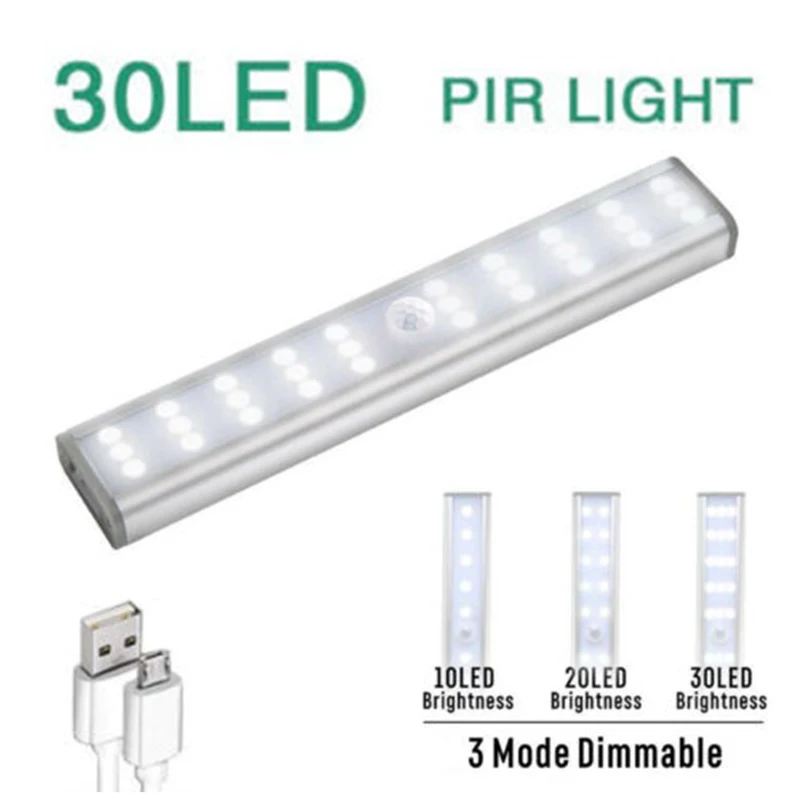 

MAYITR 1pc Ultra Thin 30LED USB Charging Cabinet Lamp PIR Motion Sensor Closet Night Light For Closets Stairs Kitchen