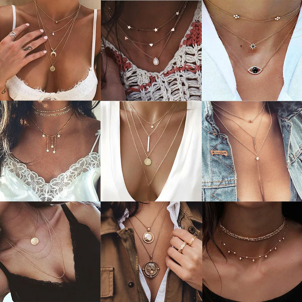 New Bohemia Moon Star Vintage Multilayer Crystal Pendant Necklace Fashion Gold Color Chain Boho Simple Choker Necklaces Jewelry