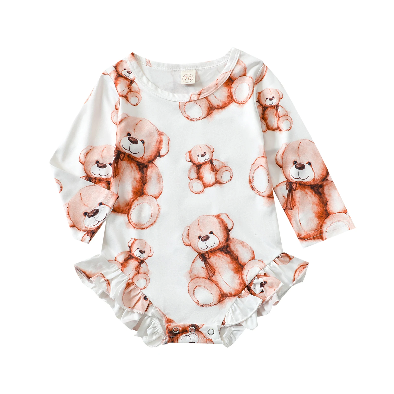 

1 шт., Детский комбинезон с длинным рукавом, круглым вырезом и оборками