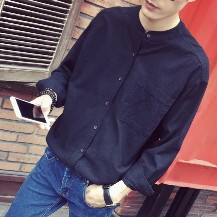 

Рубашка Мужская льняная с воротником-стойкой, тонкая сорочка Молодежная однотонная свободная, простая сорочка черного цвета