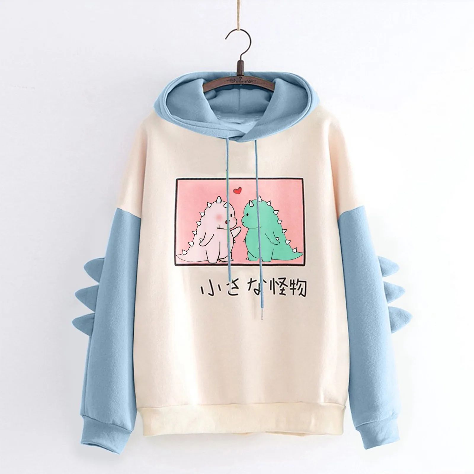 Women Hoodie Cartoons Crewneck Clothes Vintage Loose Sweatshirt Street Kawaii Dinosaur Print Long Sleeve Splice Hoodies Tops