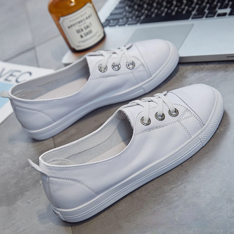 

Leather Low-Cut White Shoes for Women 2021 Spring New Student Versatile Slip-on Lazy Flat Large Size Women's Shoes