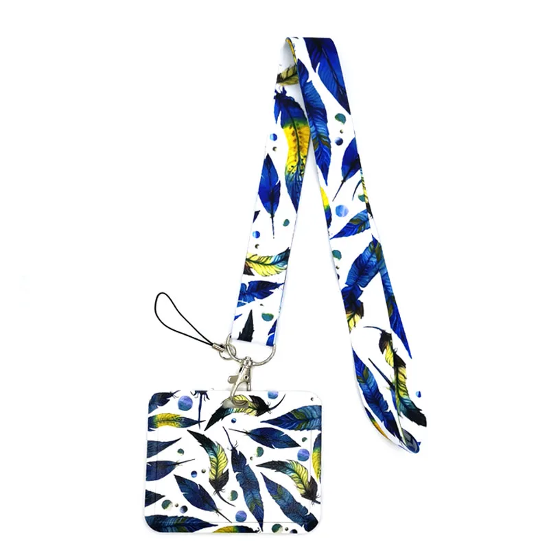 

Blue Starry Sky Feathers Leaves Lanyard Credit Card ID Holder Bag Student Women Travel Card Cover Badge Car Keychain Decorations