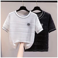 korean beading flower knitted t shirt woman casual floral baggy loose short sleeve tops white black summer clothes for women