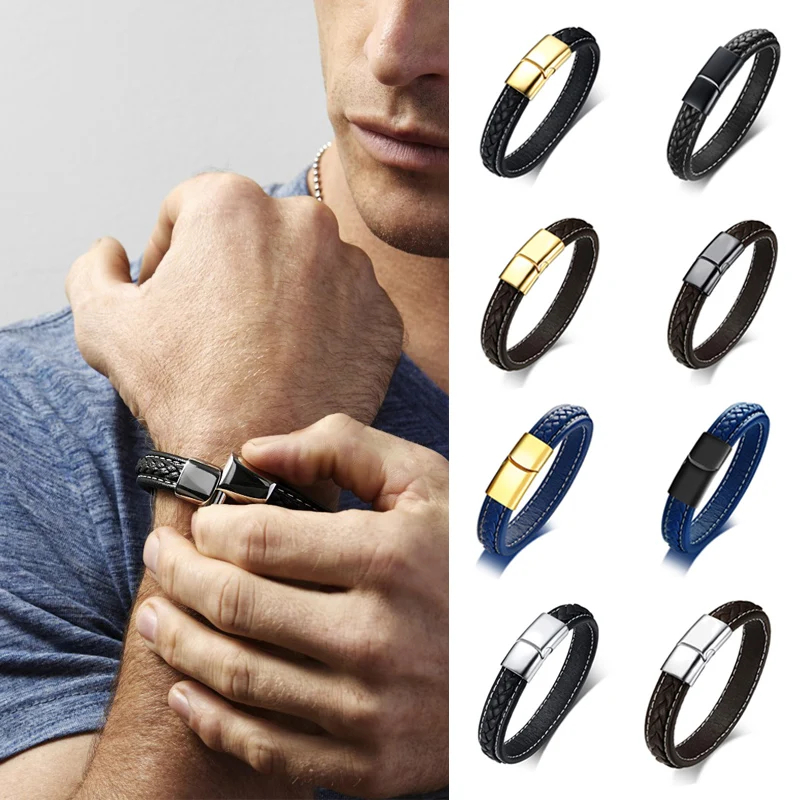 Мужской кожаный браслет с гравировкой Черный Плетеный гладкий белый из