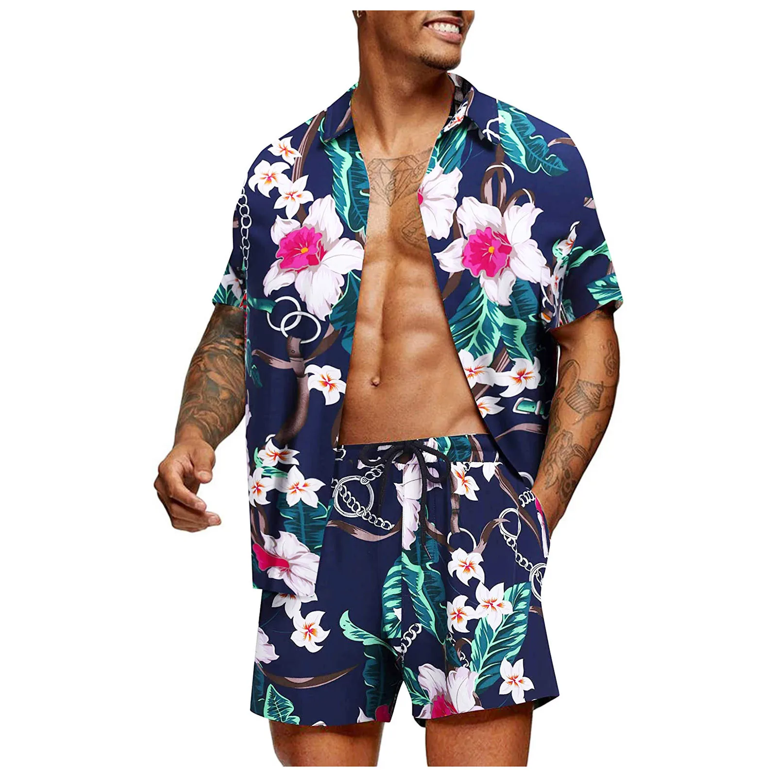 

Men's Floral Sets Tops Shorts Suits Summer Hawaiian Beach Wear Male Casual Buttoned Short Sleeve Shirts 2021 Fashion