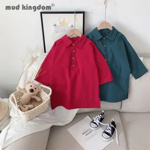 Mudkingdom Girls Shirt Dress Spring Autumn Long Sleeve Turn-down Collar Button Loose Dresses for Toddler Casual Solid Clothes