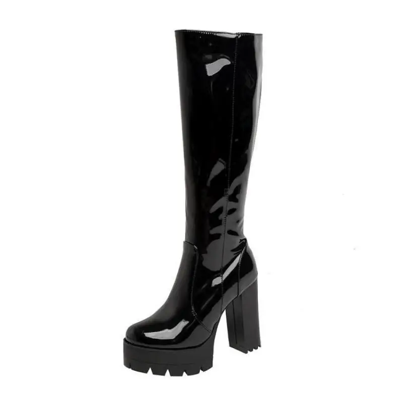 

Autumn Women Boots Knee Length Patent Leather Dance Shoes Platform Red Black White Long Boots
