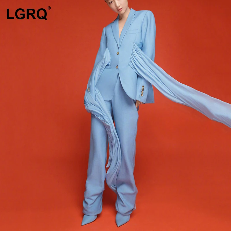 

[LGRQ] Wide Leg Light Blue Bandage Pants Two Piece Suit New Notched Neck Long Sleeve Women Fashion Autumn Winter 2021 19D2473
