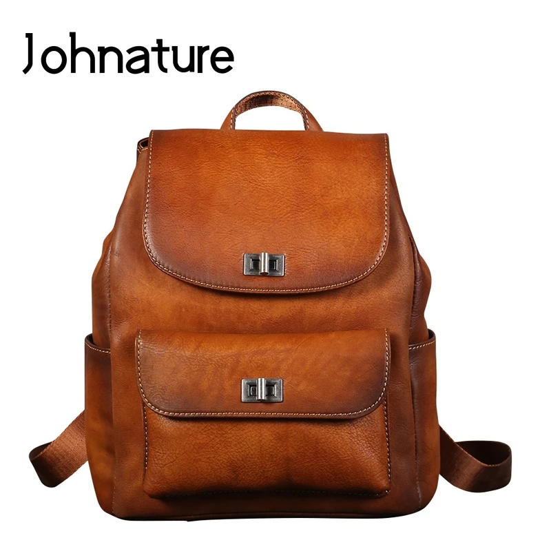 Женский винтажный рюкзак на застежке Johnature однотонный из натуральной кожи с